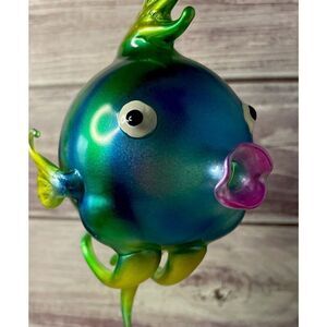 Vintage Alessandra Puffer Kissing Fish Ornament Blue Green Blown Glass 3" X 5"